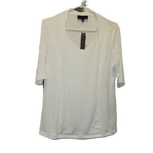 Premise Woman White Stretch Knit Top Size L – Unique Square V-Neck, Elbow Sleeve